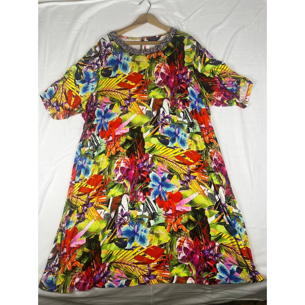 Investments II Wm LG Tropical Floral Beaded Neck Shift Dress Resortwear Vacation